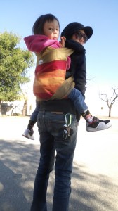 Catbird Baby Mei Tai with a toddler